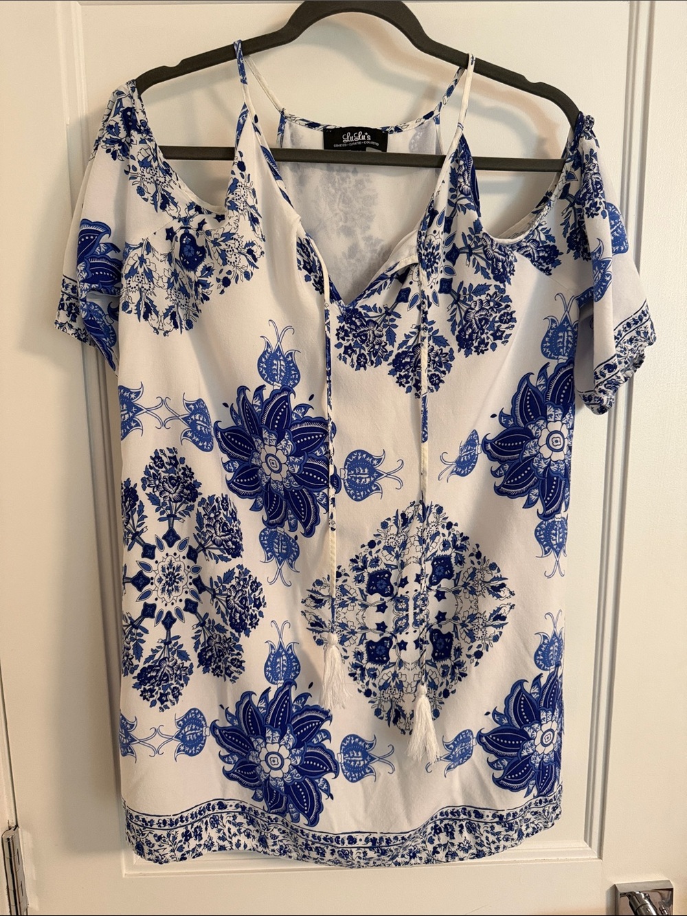 Lulu's White & Blue Floral Cold-Shoulder Tie-Front Tunic